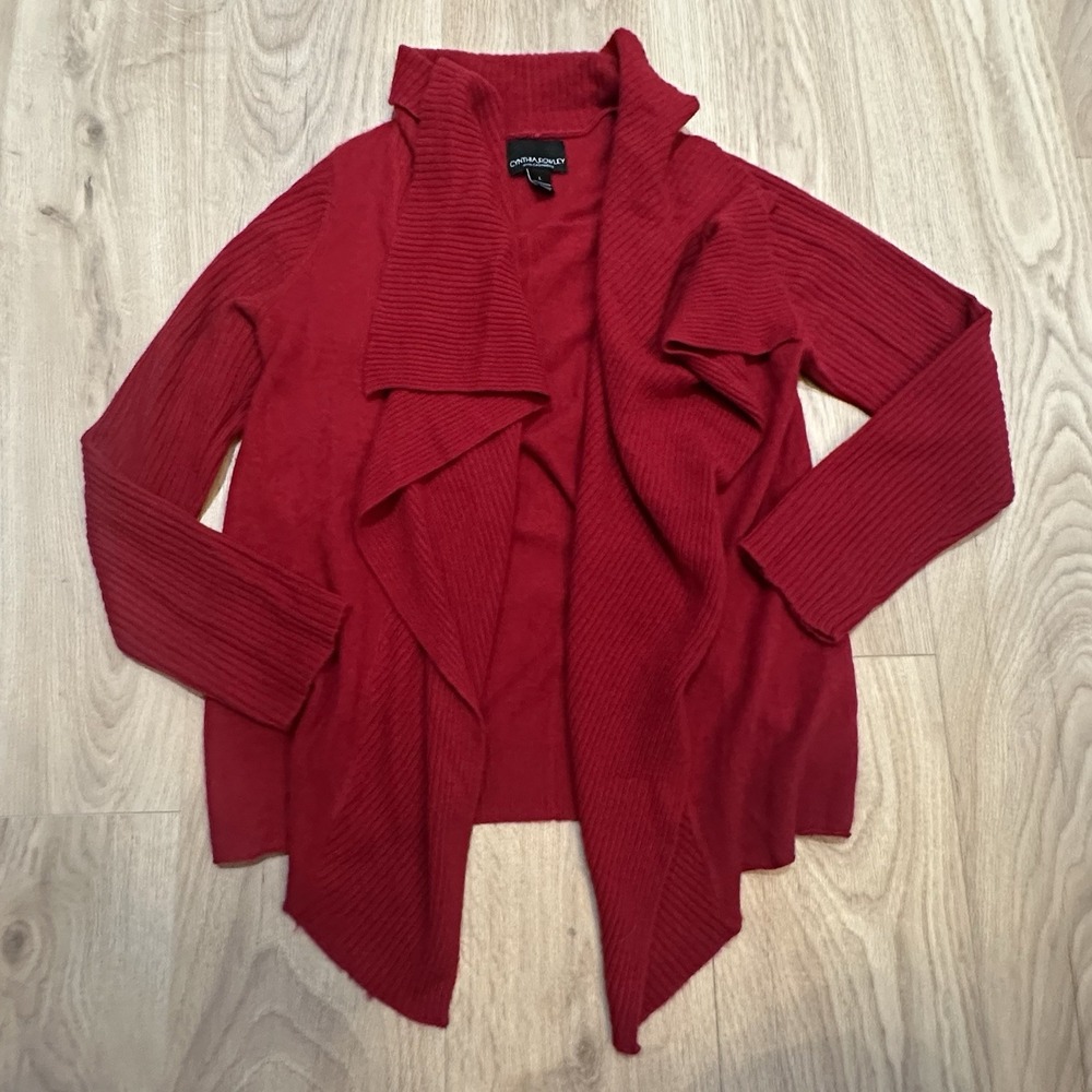 Cynthia Rowley Women's 100% Cashmere Open Cardigan Sweater Sz L Red Drape Neck